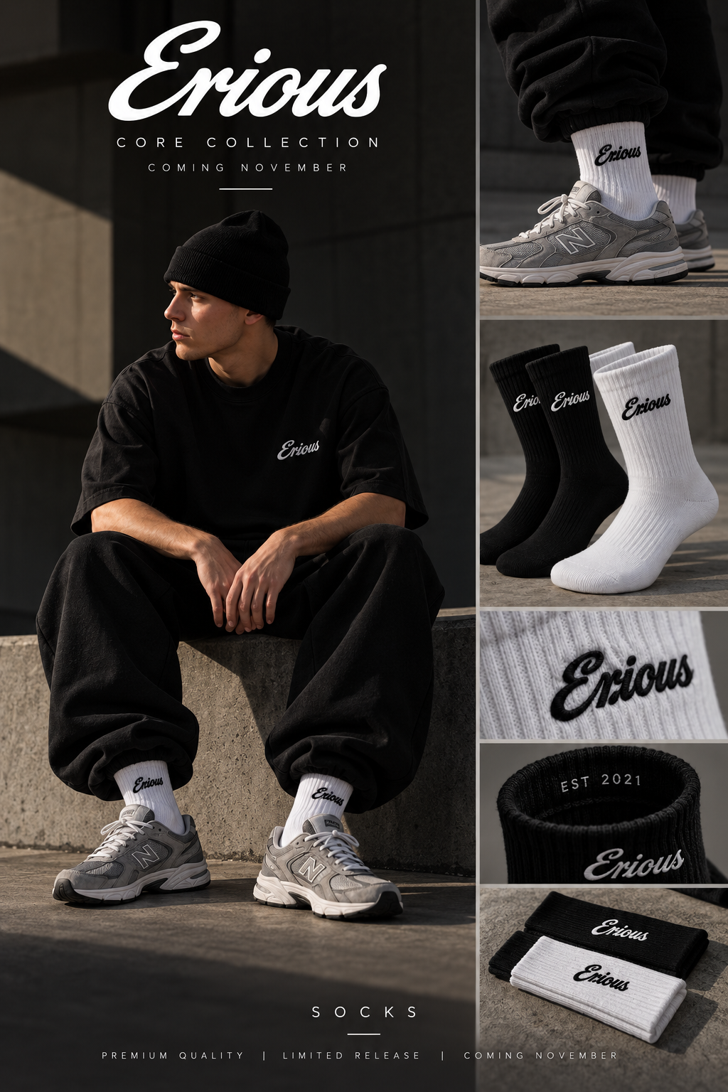 Core range triple pack Black and White Erious Socks  ( LATE NOVEMBER PRE ORDERS )